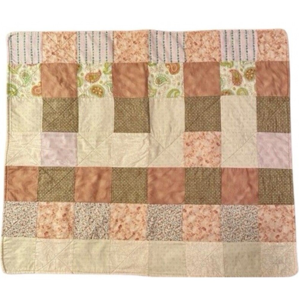 Vintage Handmade Patchwork Baby Quilt - Cottagecore Floral Peach 37” x 32”